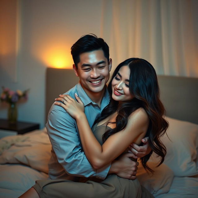 A romantic scene in a softly lit bedroom at night, featuring a Chinese man with a warm smile, embracing a beautiful and sexy woman with long, wavy hair