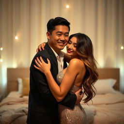 A romantic scene in a softly lit bedroom at night, featuring a Chinese man with a warm smile, embracing a beautiful and sexy woman with long, wavy hair