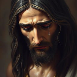 A dramatic depiction of Jesus Christ crying, with tears streaming down his face