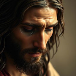A dramatic depiction of Jesus Christ crying, with tears streaming down his face