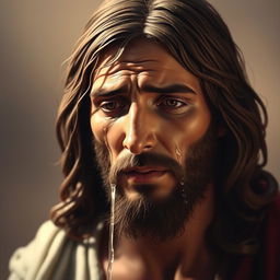 A dramatic depiction of Jesus Christ crying, with tears streaming down his face