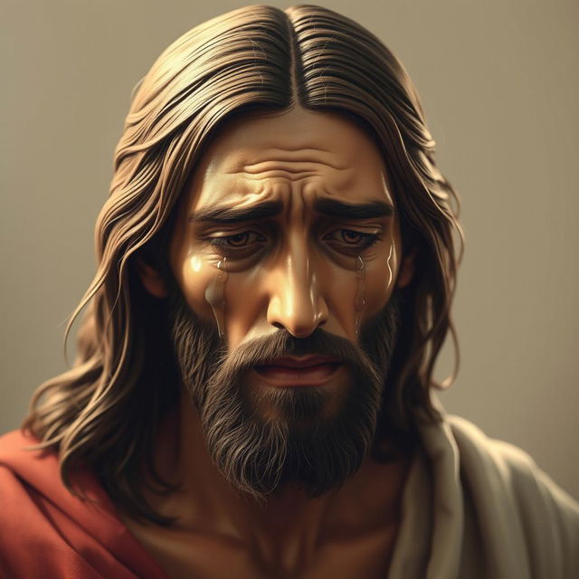 A dramatic depiction of Jesus Christ crying, with tears streaming down his face