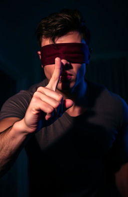 A man with his eyes blindfolded, holding a finger to his lips as if signaling someone to be quiet