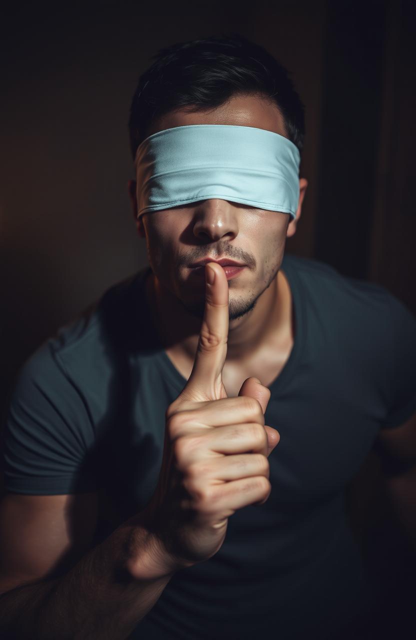 A man with his eyes blindfolded, holding a finger to his lips as if signaling someone to be quiet