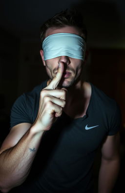 A man with his eyes blindfolded, holding a finger to his lips as if signaling someone to be quiet