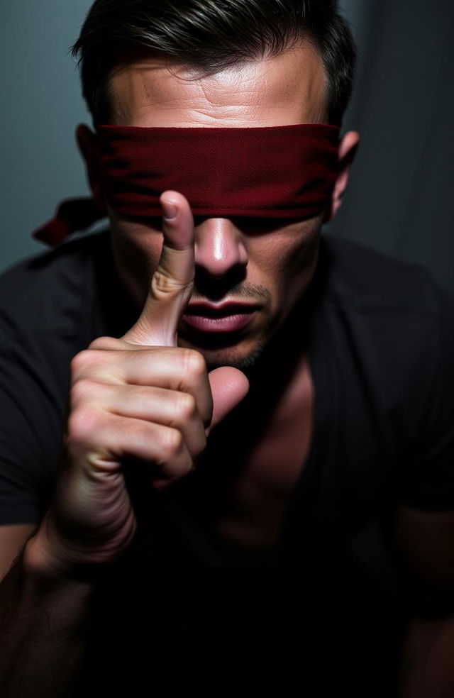 A man with his eyes blindfolded, holding a finger to his lips as if signaling someone to be quiet