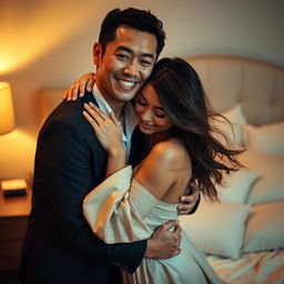 An intimate scene in a softly lit bedroom at night, showcasing a Chinese man with an engaging smile, embracing a beautiful and sexy woman with flowing hair