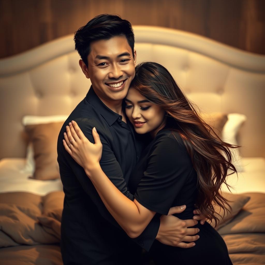 An intimate scene in a softly lit bedroom at night, showcasing a Chinese man with an engaging smile, embracing a beautiful and sexy woman with flowing hair