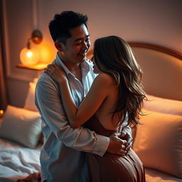An intimate scene in a softly lit bedroom at night, showcasing a Chinese man with an engaging smile, embracing a beautiful and sexy woman with flowing hair