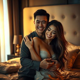 An intimate scene in a softly lit bedroom at night, showcasing a Chinese man with an engaging smile, embracing a beautiful and sexy woman with flowing hair