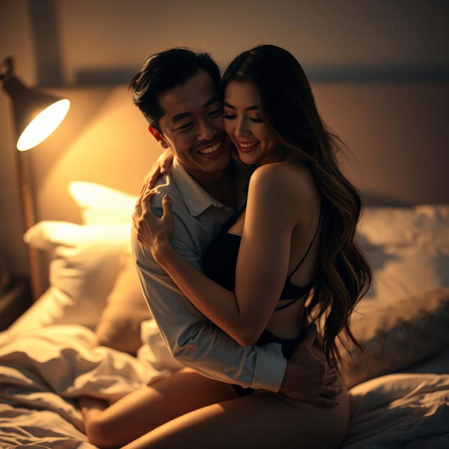 An intimate nighttime scene in a softly lit bedroom, featuring a Chinese man with a gentle smile, embracing a stunningly beautiful and sexy woman with long, flowing hair