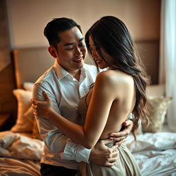 An intimate nighttime scene in a softly lit bedroom, featuring a Chinese man with a gentle smile, embracing a stunningly beautiful and sexy woman with long, flowing hair