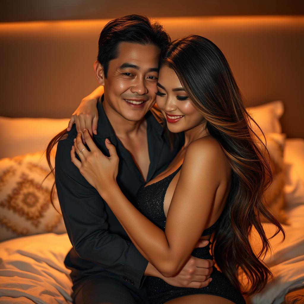 An intimate nighttime scene in a softly lit bedroom, featuring a Chinese man with a gentle smile, embracing a stunningly beautiful and sexy woman with long, flowing hair