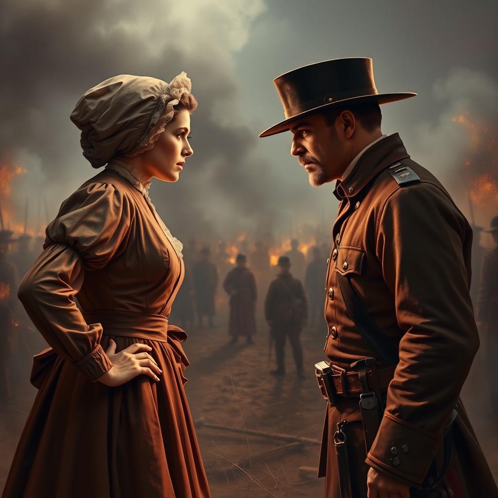 A captivating scene depicting a dramatic face-off between a Civil War woman and a Civil War man, set against the backdrop of a battlefield