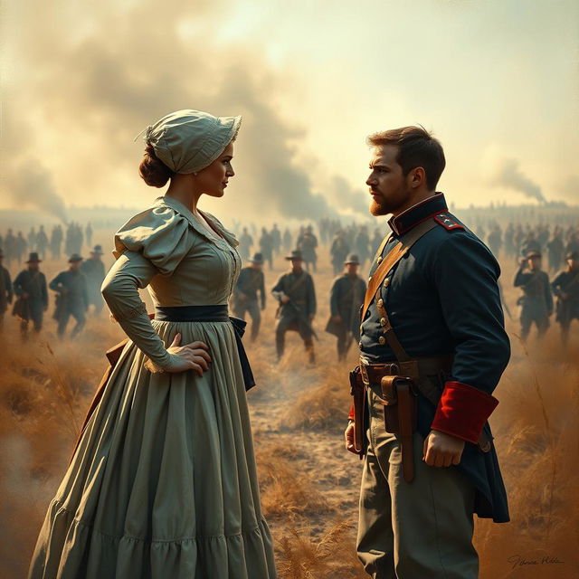 A captivating scene depicting a dramatic face-off between a Civil War woman and a Civil War man, set against the backdrop of a battlefield