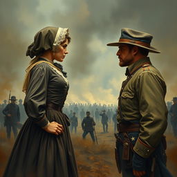 A captivating scene depicting a dramatic face-off between a Civil War woman and a Civil War man, set against the backdrop of a battlefield