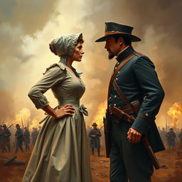A captivating scene depicting a dramatic face-off between a Civil War woman and a Civil War man, set against the backdrop of a battlefield