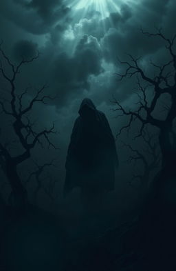 A dramatic and intense scene depicting the birth of darkness in a mysterious world
