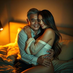 An intimate nighttime scene in a softly lit bedroom, featuring an older Chinese man with a warm and gentle expression, embracing a stunningly beautiful and sexy woman with long, flowing hair