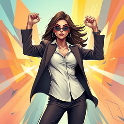 A stylized, artistic representation of a confident, powerful woman exuding charisma and strength, set against a vibrant backdrop