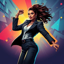 A stylized, artistic representation of a confident, powerful woman exuding charisma and strength, set against a vibrant backdrop