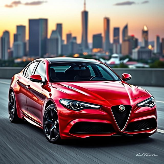 A sporty Alfa Romeo sedan concept car, featuring sleek aerodynamic lines and an aggressive stance