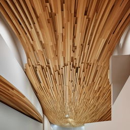 Design an art museum exhibition area filled with diverse display objects and artifacts. Noteworthy feature is a meticulously crafted wooden ceiling design that lends warmth and texture to the space.