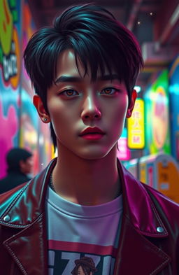 A close-up portrait of a young male K-pop idol, inspired by Jungkook from BTS