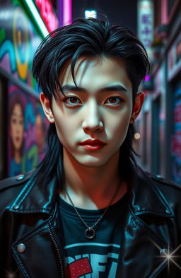 A close-up portrait of a young male K-pop idol, inspired by Jungkook from BTS