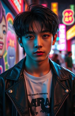 A close-up portrait of a young male K-pop idol, inspired by Jungkook from BTS