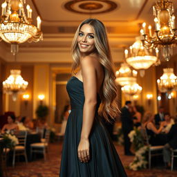 A beautiful woman standing confidently, wearing an elegant evening gown that flows gracefully to the floor