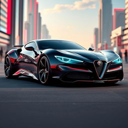 A futuristic concept of a sporty Alfa Romeo, featuring sleek aerodynamic lines, a low-profile design, and bold color accents