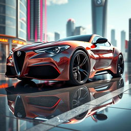 A futuristic concept of a sporty Alfa Romeo, featuring sleek aerodynamic lines, a low-profile design, and bold color accents