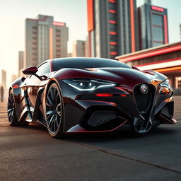 A futuristic concept of a sporty Alfa Romeo, featuring sleek aerodynamic lines, a low-profile design, and bold color accents