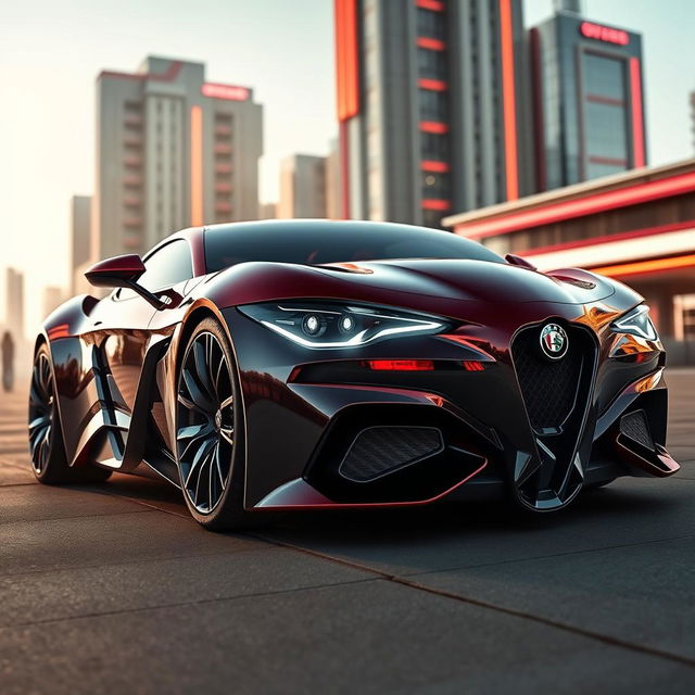 A futuristic concept of a sporty Alfa Romeo, featuring sleek aerodynamic lines, a low-profile design, and bold color accents