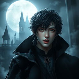 A dramatic and artistic portrayal of a young male vampire inspired by Jungkook from BTS