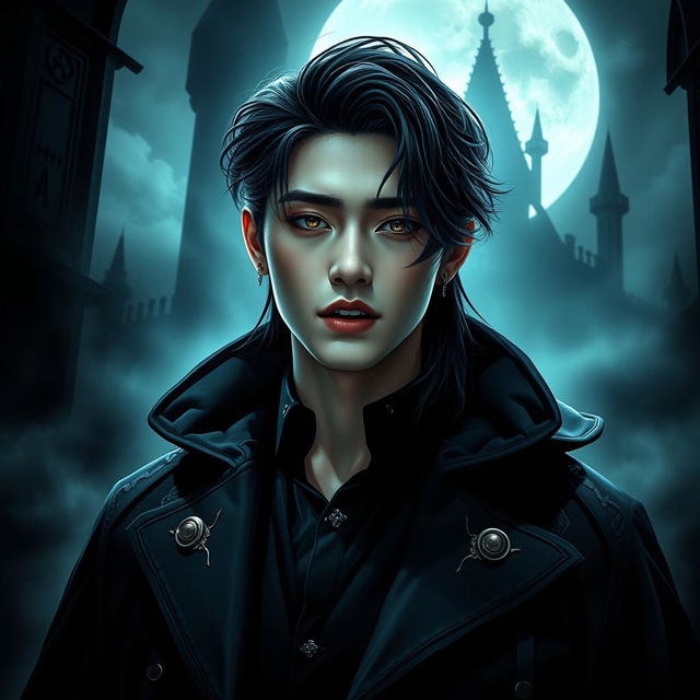 A dramatic and artistic portrayal of a young male vampire inspired by Jungkook from BTS