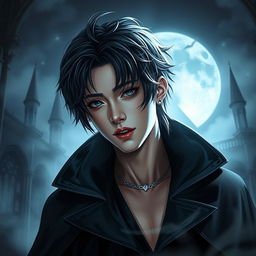 A dramatic and artistic portrayal of a young male vampire inspired by Jungkook from BTS