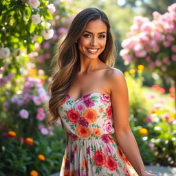 A stunning woman exuding confidence and grace, wearing a flowing summer dress adorned with vibrant floral patterns