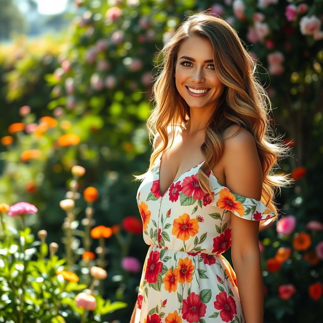 A stunning woman exuding confidence and grace, wearing a flowing summer dress adorned with vibrant floral patterns