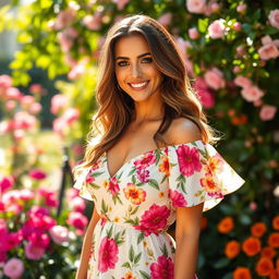 A stunning woman exuding confidence and grace, wearing a flowing summer dress adorned with vibrant floral patterns