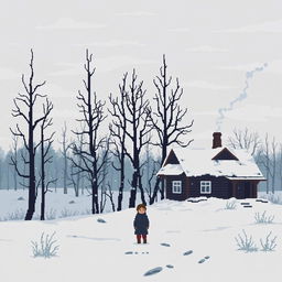 Pixel art scene depicting a somber, melancholic atmosphere in a Russian winter setting