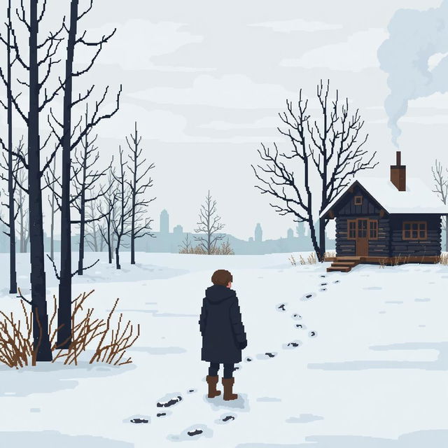 Pixel art scene depicting a somber, melancholic atmosphere in a Russian winter setting