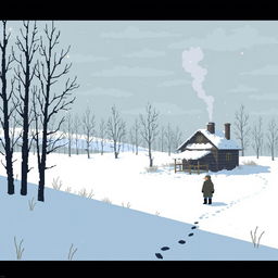 Pixel art scene depicting a somber, melancholic atmosphere in a Russian winter setting