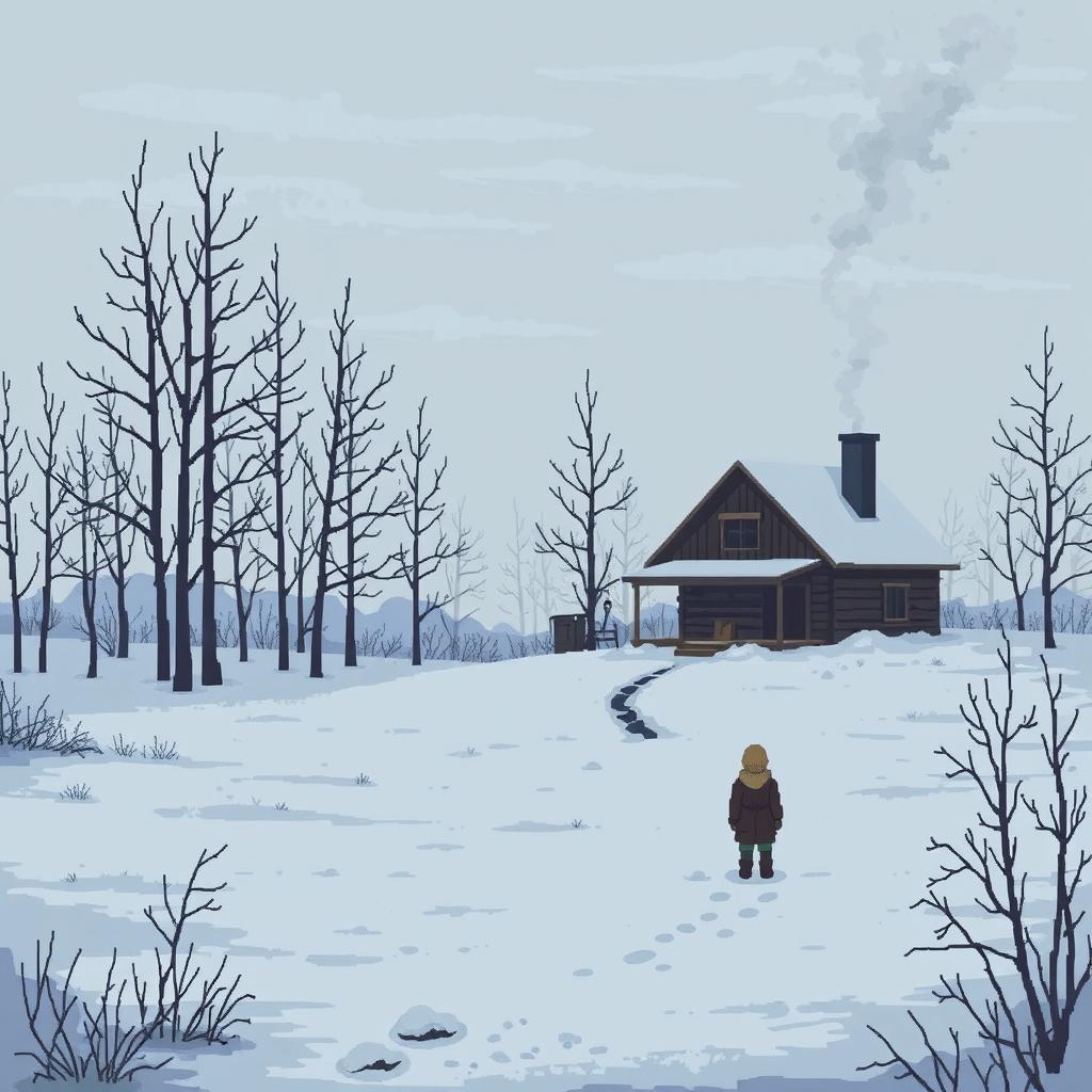 Pixel art scene depicting a somber, melancholic atmosphere in a Russian winter setting