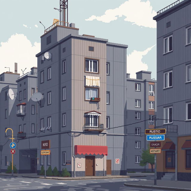 Pixel art depicting a nostalgic Soviet-era architecture featuring gray panel buildings, set in a quiet urban landscape