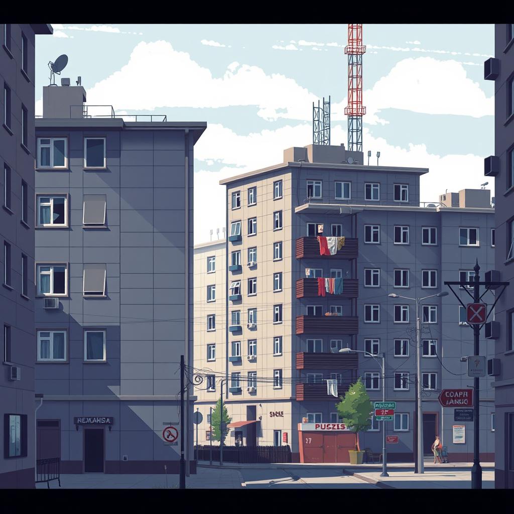 Pixel art depicting a nostalgic Soviet-era architecture featuring gray panel buildings, set in a quiet urban landscape