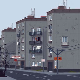 Pixel art depicting a nostalgic Soviet-era architecture featuring gray panel buildings, set in a quiet urban landscape