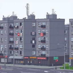 Pixel art depicting a nostalgic Soviet-era architecture featuring gray panel buildings, set in a quiet urban landscape