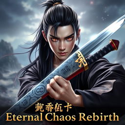 A young Asian male cultivator with pale skin and long black hair tied in a ponytail, gazing fiercely with ember-colored eyes